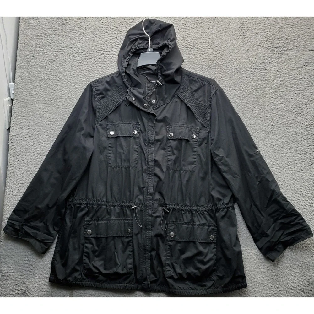 Michael Kors Anorak Rain Jacket Womens 2X Black Utility Hooded Snap Inside Zip
